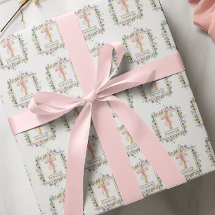Bloemstuk 1e Heilige Communie Kruis met Roze Strik Cadeaupapier