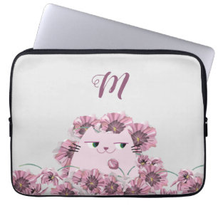 Bloemstuk Kat Laptop Hoes Monogram Paars