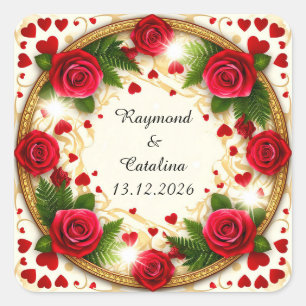 Bloemstuk met rode rozen vierkante sticker