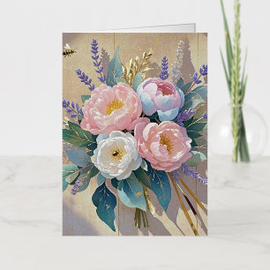 Bloemstuk pioenrozen lavendel folie wenskaart