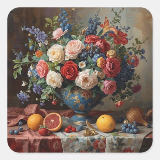 Bloemstukken in overvloed  vierkante sticker (Voorkant)