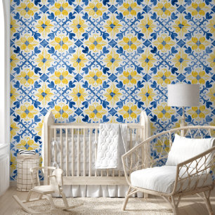 Bloemtegel Mediterraan geïnspireerd Blauw Geel Behang
