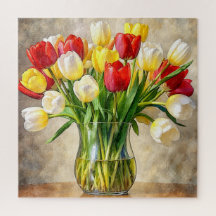 Bloemvaas met tulpen - Kleurrijke botanische legpu
