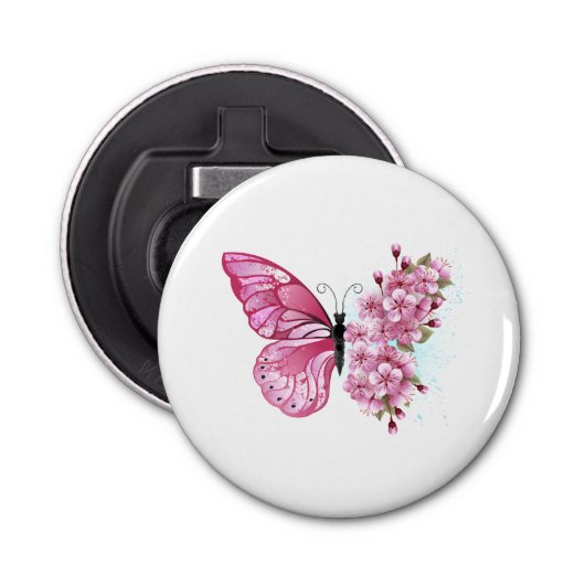 Bloemvink met roze Sakura Button Flesopener (Voorkant)