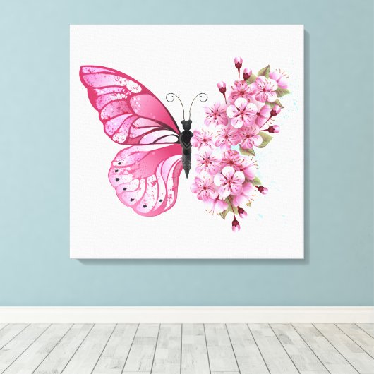 Bloemvink met roze Sakura Canvas Afdruk (Insitu (Houten vloer))