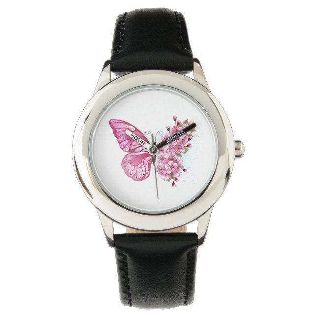 Bloemvink met roze Sakura Horloge (Voorkant)