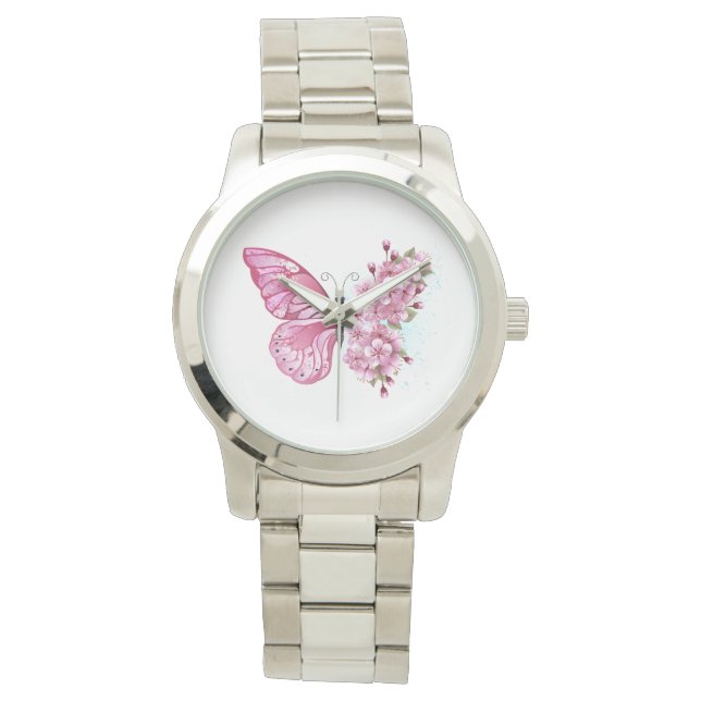 Bloemvink met roze Sakura Horloge (Voorkant)