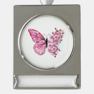 Bloemvink met roze Sakura Verzilverd Banner Ornament