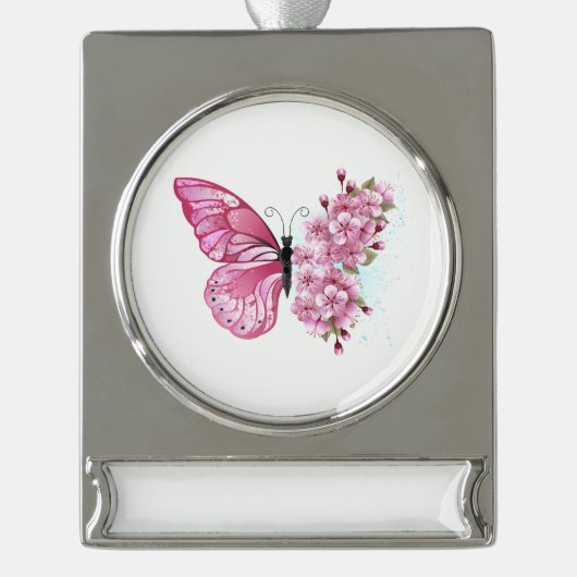 Bloemvink met roze Sakura Verzilverd Banner Ornament (Voorkant)