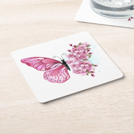 Bloemvink met roze Sakura Vierkante Kartonnen Onderzetter (Schuin)