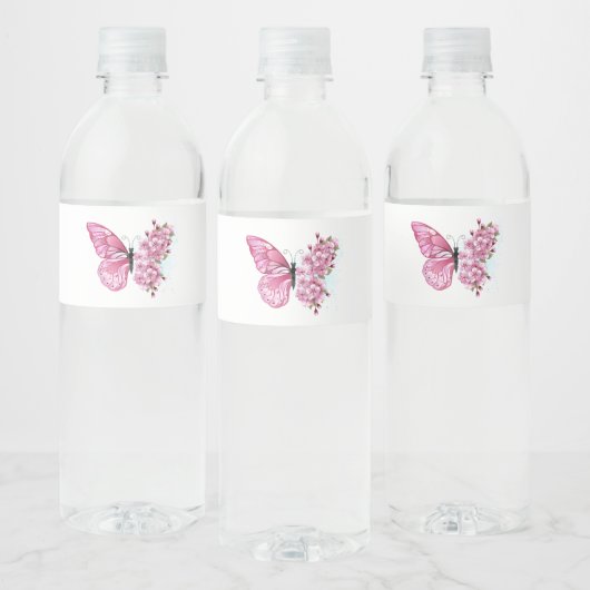 Bloemvink met roze Sakura Waterfles Etiket (Flessen)