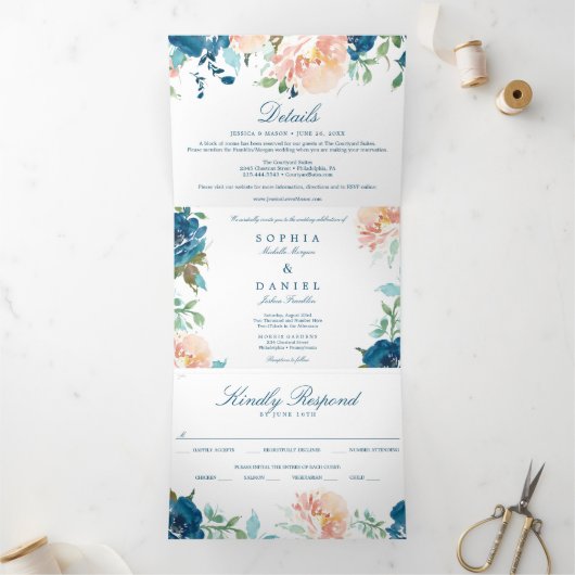 Bloemvliesmarine Wedding Tri-Fold Invitations Drieluik Uitnodiging (Binnen)