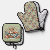 Bloemvos in mandje met Quilt & Flowers Ovenwant & Pannenlap Set (Voorkant / Achterkant)