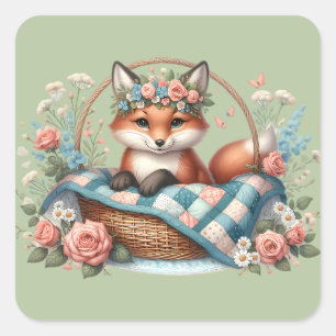 Bloemvos in mandje met Quilt & Flowers Vierkante Sticker