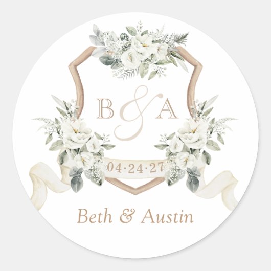 Bloemwit Elegant groen Crest Envelope Ronde Sticker (Voorkant)
