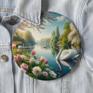 Bloemzwanenmeerveer kunstwerk ronde button 6,0 cm