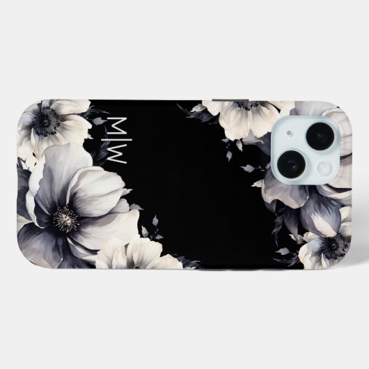 Bloemzwart-wit monogram Case-Mate iPhone case (Achterkant (horizontaal))