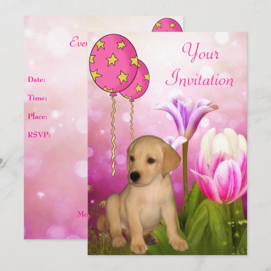 Bloesem Ballonnen & Labrador Puppy Evenement Kaart (Voorkant / Achterkant)
