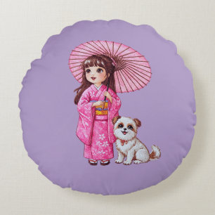 Bloesem Metgezellen: Kimono Meisje & Puppy Ronde P Rond Kussen