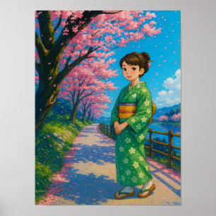 Bloesempad in de lente - Japanse kimono-meisjeskun Poster