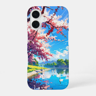 Bloesems bij het meer - Dreamy Anime Spring iPhone 16 Hoesje