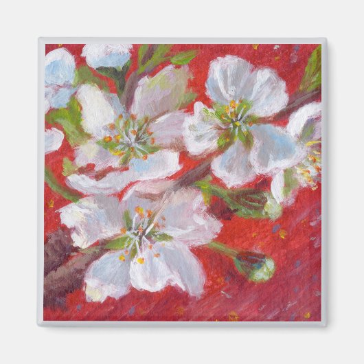 Bloesems op rood met witte rand magneet (Voorkant)