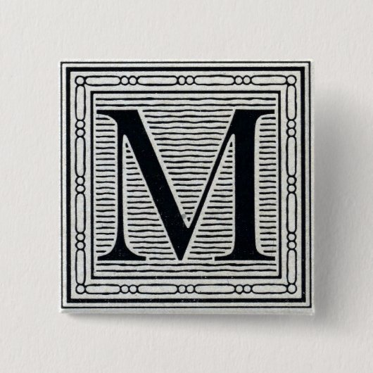 Blok Letter "M" Woodcut Woodblock Inital Vierkante Button 5,1 Cm (Voorkant)