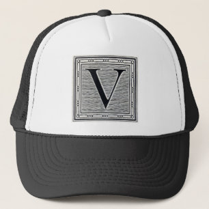 Blok Letter "V" Woodcut Woodblock Inital Trucker Pet