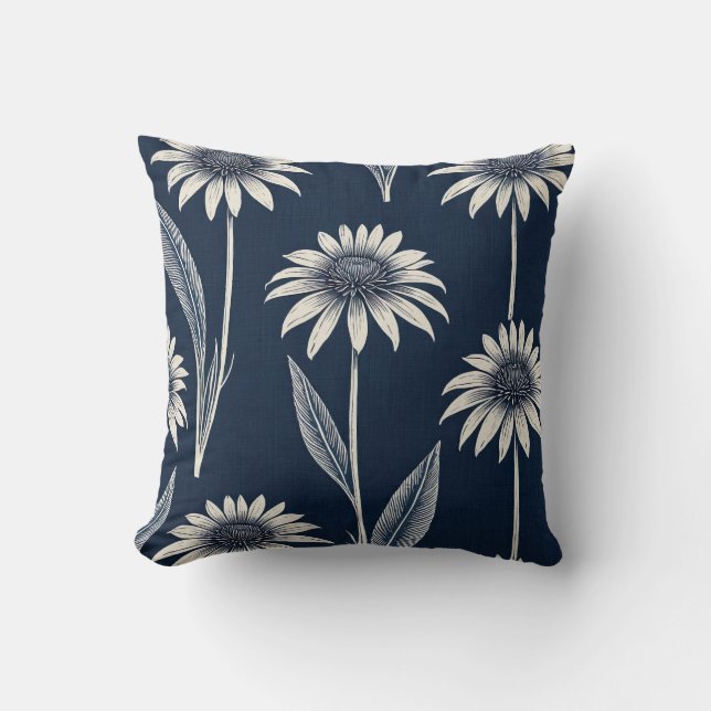 Blok print blauw en wit Coneflower Kussen (Voorkant)
