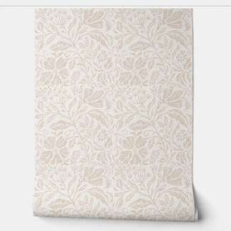 Blok print bloemenneutraal beige op wit behang