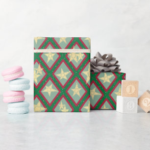 Blok Print Kerststerren - Rood, Groen & Geel Cadeaupapier