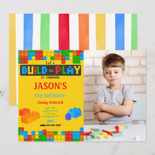 Blok Verjaardag Foto uitnodiging (Voorkant / Achterkant)