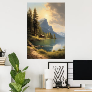 blokhut met uitzicht op een meer nabij de bergen poster