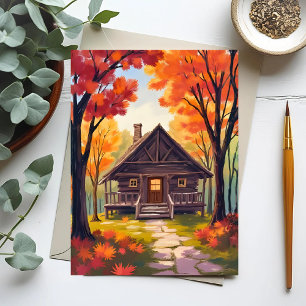 Blokhut Waterverfschilderij van herfstloofbos Briefkaart