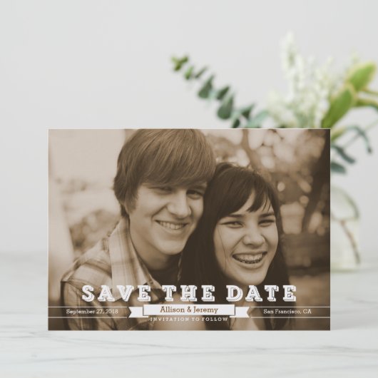 blokletters Sepia Foto Sla de datum op Save The Date (Staand voorkant)
