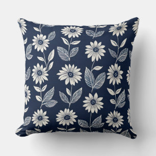 Blokprint boho bloemenblauw en wit kussen