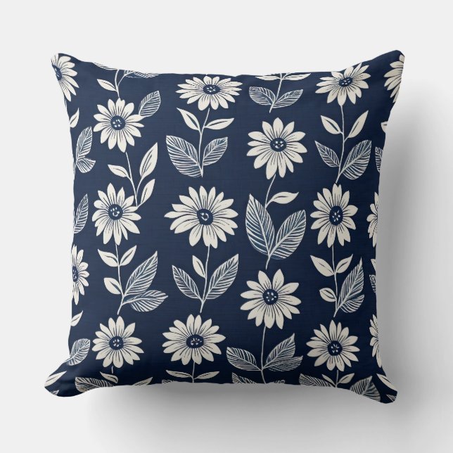 Blokprint boho bloemenblauw en wit kussen (Voorkant)