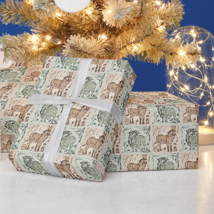 Blokprint Schaap Ezel Dekbed - Groen Bruin. Cadeaupapier