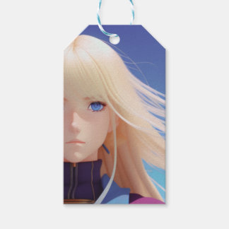 Blond Anime Meisjesportret Blauwe Ogen Wind Waait Cadeaulabel