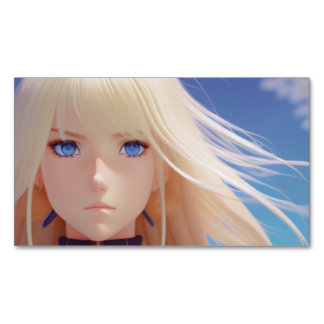 Blond Anime Meisjesportret Blauwe Ogen Wind Waait Magnetisch Visitekaartje