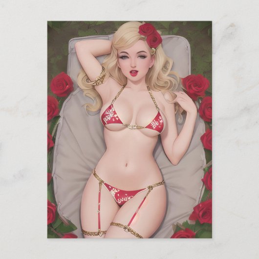 Blond dans une carte postale Bikini rouge (Devant)