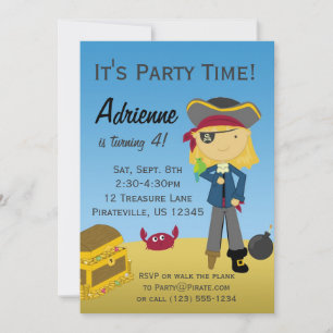 Blond Girl Pirate Birthday Party Invitation Kaart