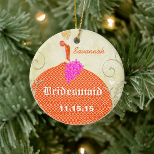 Blond haar bruidsmeisje cadeaus oranje en roze keramisch ornament
