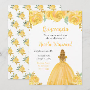 Blond haar Princess Gold Floral Quinceanera Kaart
