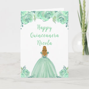 Blond haar Princess Mint Floral Quinceanera Kaart