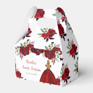 Blond haar Princess Red Floral Sweet Sixteen Bedankdoosjes