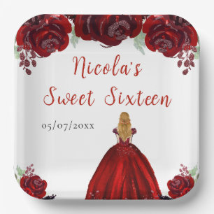 Blond haar Princess Red Floral Sweet Sixteen Papieren Bordje
