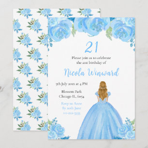 Blond Haar Prinses Blauw Bloemen Verjaardagsfeest Kaart