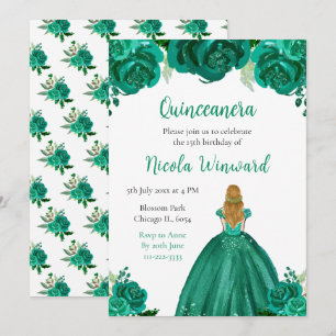 Blond Haar Prinses Groen Bloemen Quinceanera Kaart