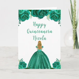 Blond Haar Prinses Groen Bloemen Quinceanera Kaart